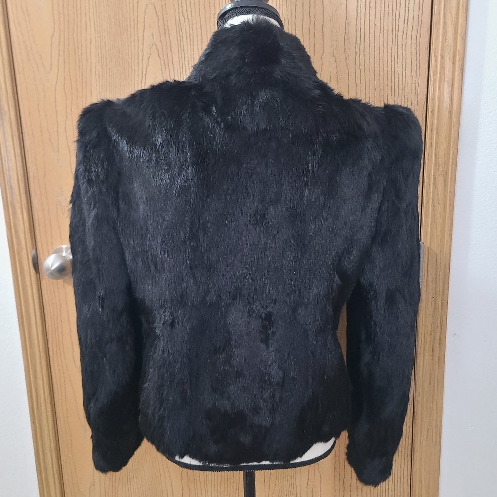 Bermans Black Genuine Rabbit Fur Mobwife Hollywood Glam Structured Coat Jacket - Picture 2 of 5